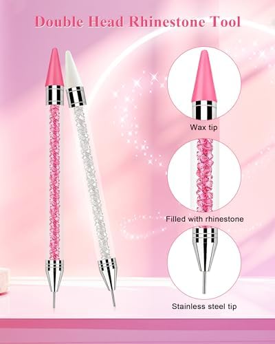 Rhinestone Picker Tool, Wax Pencil for Rhinestones Tool, Dual-ended DIY Nail Bedazzling Tools With 2 Extra White and 2 Extra Pink Replaceable Wax Head and 1 Tweezer(White and Pink)