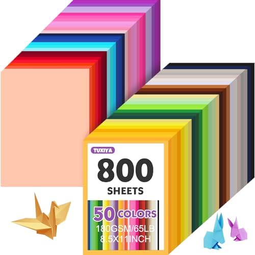 TUXIYA 800 Sheets 8.5" X 11" Colored Cardstock, 50 Colors Card Stock | 50 Assorted Colors Construction Paper Printer Paper for Printing, Card Making, DIY Crafts, School Supplies,Party 180GSM/65LB