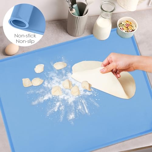 Standard Silicone Table Placemat-Food Grade Kids Dinner Placemat Reusable Countertop Mats Dough Pad with Raised Edges Blue Silicone Mat Heat Resistant for Air Fryer (1Pack 23.6'' x 15.7'')
