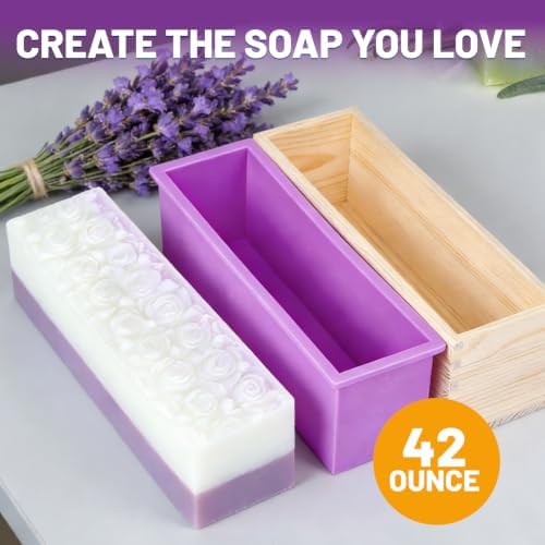 Soap Molds Kit, 42 oz Silicone Soap Loaf Mold with Wooden Box, Soap Making Kit for Homemade Soap and Crafts (Purple, 2 Silicone Mold and Wood Box)