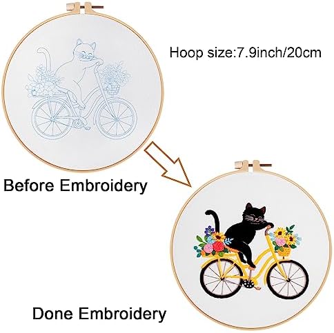 Louise Maelys Cat Bicycle Embroidery Kit for Beginners Floral DIY Craft