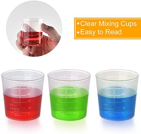 Coopay 50 Pack 60ml/2oz Plastic Graduated Cups Transparent Scale Clear Epoxy Mixing Cup with 100 Pack Wooden Stirring Sticks for Resin, Epoxy, Stain, Mixing Paint