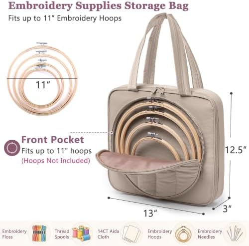 Puffy Embroidery Project Bag, Quilted Embroidery Floss Organizer for Hoops up to 11", Cross Stitch Project Storage Case for Needlepoint Project, Thread & Stitch Tools