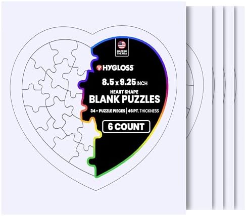 Hygloss 6 Blank Heart Puzzles – 8.5 x 9.5 Inches with Surrounding Frame + Backing Card – Ideal for Valentine’s Day Crafts – Write, Draw, and Decorate – 34 Pieces Each