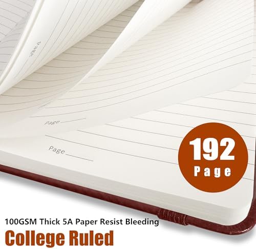 Lined Journal Notebook, A5, 192 Pages 100 GSM Thick Paper, Hardcover Leather College Ruled Journal for Writing, Men Women, Journaling, Daily, Work, Office, Home School Business(Burgundy)
