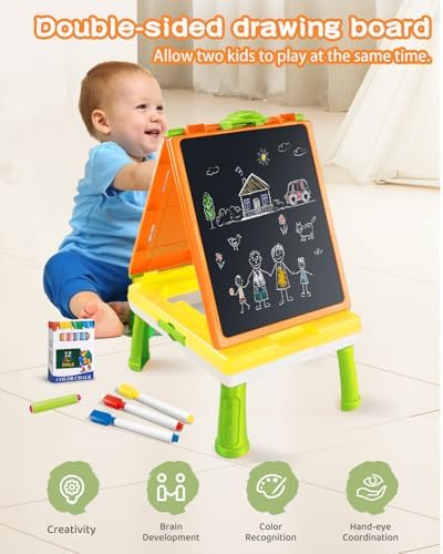 Elovien Easel for Kids, 4 in 1 Double Sided Toddler Art Easel with Chalkboard & Magnetic Whiteboard, Foldable Tabletop Easel with Drawing & Writing Accessories - Educational Gift for Boy Girl (Orange)