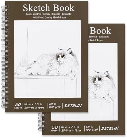 DSTELIN 2 Pack 10" x 7.5" Spiral Bound Art Sketchbook, 50 Sheets 68LB/100GSM Acid-Free Thick Paper, Sketch Pads with Cardboard Backing for Artists and Students