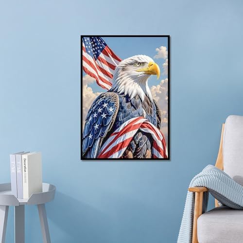 4th of July Diamond Painting Kit for Adults, Patriotic Independence Day Decor with American Flag and bald eagle, 5D Full Drill Round Diamond Art Kit, DIY Crystal Rhinestone Embroidery Painting