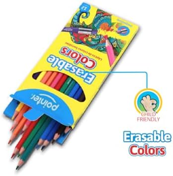 Pointer Erasable Colored Pencils – Pack of 12, Hexagonal Body, Soft Erasers, Vibrant Colors – Ideal for School, Art & Craft Projects