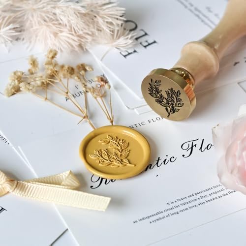 Eucalyptus Wax Seal Stamp, 3D Embossed Relief Carving Brass Head and Wood Handle for Wax Seal Stamp Kit, Decor for Thanksgiving Card/Envelope/Gift Wrap/Wedding Invitation/Vellum Jacket