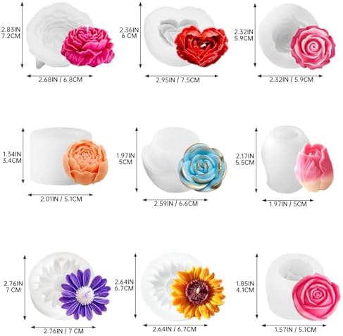 9 Pcs 3D Silicone Flower Molds for Candle Soap Making Cake Chocolate Making