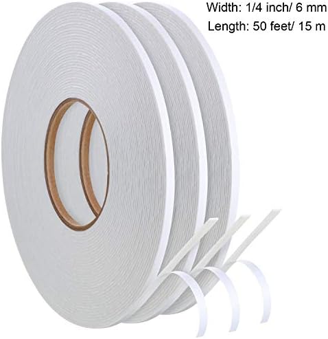 Zonon 3 Rolls Double Sided Foam Tape, 1/4 Inch by 50 Feet, White