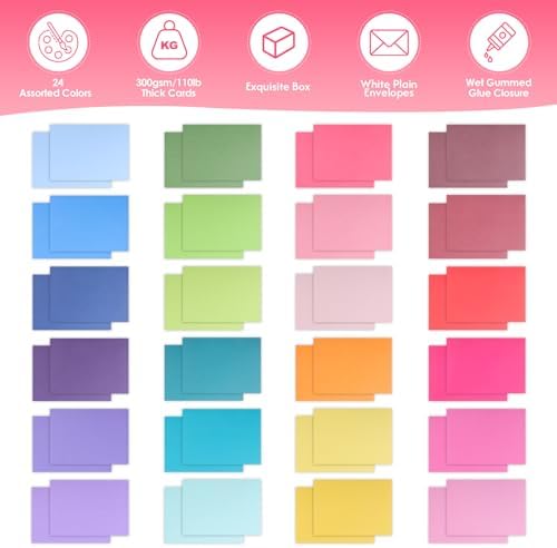 48 Pack Blank Folded Cards and Envelopes Colored Cards White Envelopes 5 x 7 Inch Colorful Greeting Cards 24 Assorted Colors Heavy Weight for Greeting,Invitation,Card Making