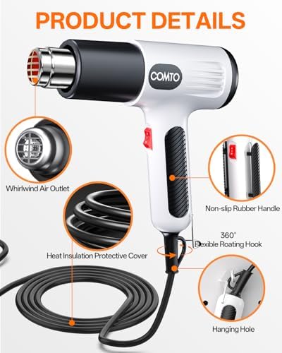 Heat Gun, 1600W Hot Air Gun with 2 Heat Settings, White | 752°F/1112°F Dual Heat Control, 4 Metal Nozzles, Overheat Protection, PA66 Housing, 1.1lb Lightweight Design, Non-Slip Grip