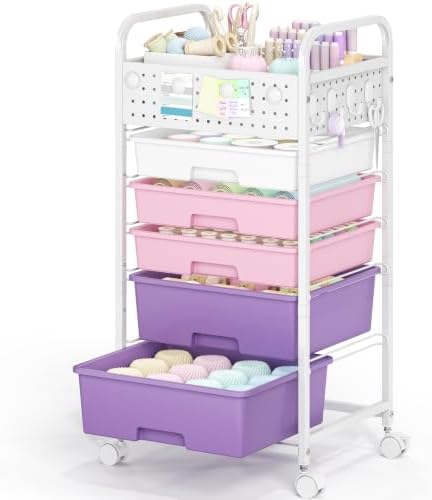 5 Drawer Rolling Storage Cart with Pegboard Top and Hooks, Dreamy Color