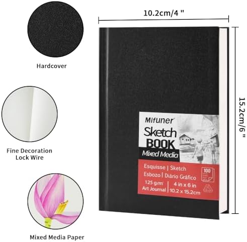 Mixed Media Art Sketchbook, 4 x 6 inches Hardcover Pocket Sketchbook,100 Sheets/200 Pages 125 GSM Acid-Free Beige Drawing Papers,Small Travel Drawing Journal for All Artists or Beginners.Black