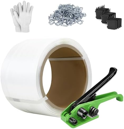 Heavy Duty Banding Strapping kit Contain 3/4"x 330' Composite Cord Packaging Straps & 100 Metal Wire Buckles 50 Plastic Edge Protectors Tensioner with Cutter Tool Glove