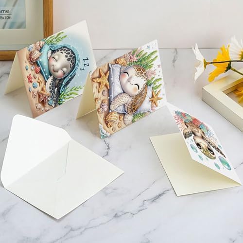 antor 6 pcs Diamond Art Painting Greeting Card Kits, Animal Cute Turtle Design Irregular Shapes Diamond Art Fine Glitter Greeting Cards with Envelopes, Clay Glue, Pen, and Bead Bag for Creative Gifts