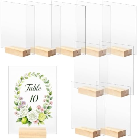 Bercoor 10 Pack 5x7 Inch Blank Clear Acrylic Sign with Wooden Stands, Rectangle Top Acrylic Sheet, DIY Acrylic Rectangle Table Numbers for DIY Name Card Gifts Event Party Sign Decoration