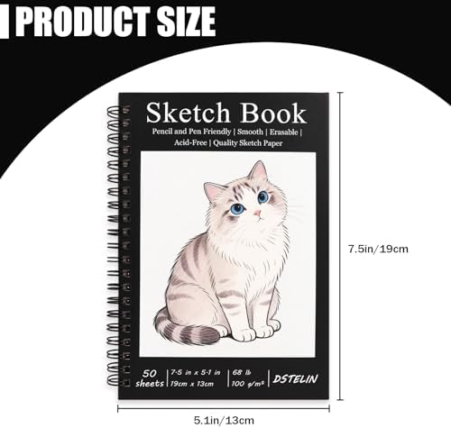 DSTELIN 1 Pack Spiral Bound Sketchbooks (100 GSM Sketch Paper), 50 Sheets per Pack, 7.5" x 5.1" Sketchbook with Black Hard Cover for Painting, Drawing and Sketching