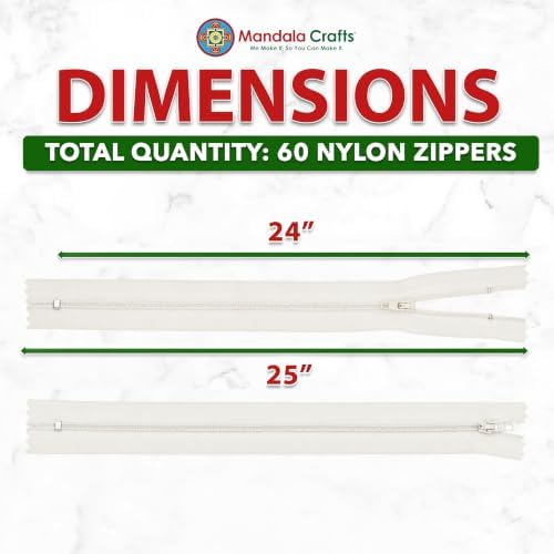 Mandala Crafts 60 PCs Off White Closed-End 24 Inch Nylon Zippers for Sewing