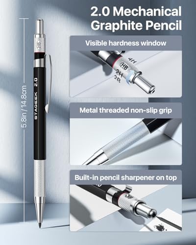 STAGEEK Mechanical Pencil Set with Leather Bag 30 Count, Drawing Pencils 0.5, 0.7, 0.9MM & 3PCS 2MM Sketching Pencils with 464PCS Lead Refills (6B 4B 2B HB 2H 4H Color) for Artist Drafting Drawing