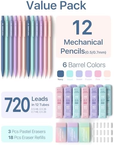 Four Candies Cute Mechanical Pencil Set, 0.5mm & 0.7mm Point, 12-Count Pack