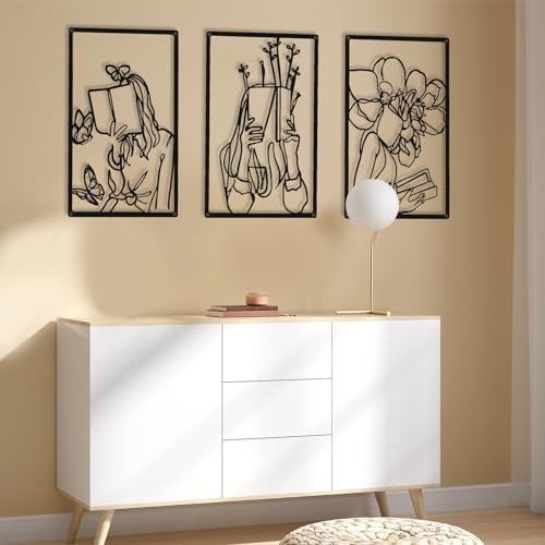 CHENGU 3 Pieces Metal Minimalist Abstract Woman Wall Art Line Drawing Wall Art Decor Single Line Female Home Hanging for Kitchen Bathroom Living Room