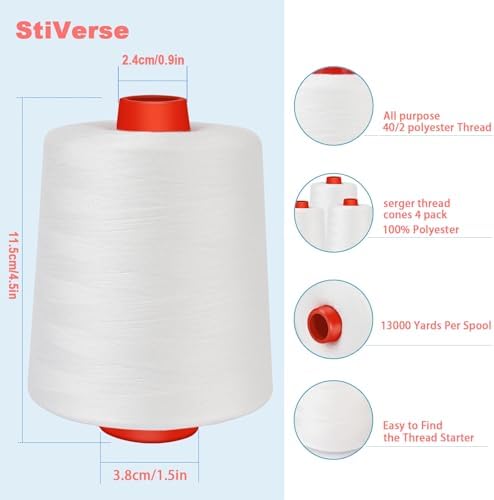 13000Y Each White Sewing Thread, Serger Thread Cones 4 Pack, 40S/2-52000Y
