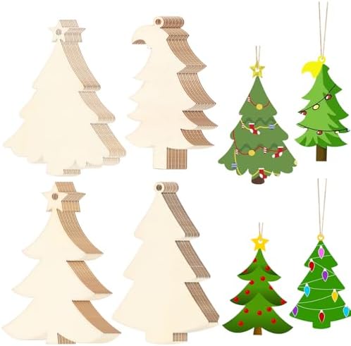 48Pcs Unfinished Paintable Blank Wooden Christmas Tree Festival Decoration Ornaments, Xmas Tree Hanging Wood Slices for DIY Art Crafts 4 Type