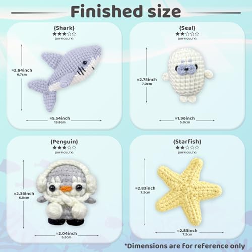 YAMAXIN Crochet Kit for Beginners – Ocean Animal Amigurumi DIY Yarn Kit with Step-by-Step Instructions, Tools & Soft Yarn – 4 Pack Crochet Kit Gift for Adults, Teens & Kids