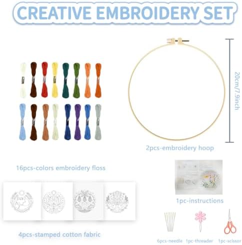 FREEBLOSS 4 Pack Embroidery Kit for Beginners Folk Art Stamped Embroidery Starter Kit with Instruction Cross Stitch Needlepoint Kits for Crafts Adults with 2 Hoops 20cm/7.9inch
