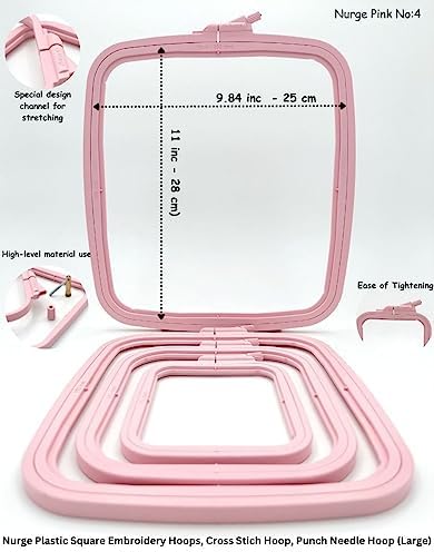 Nurge Square Embroidery Hoop - Plastic Cross Stitch Frame for Needlepoint & Embroidery - Adjustable Craft Hoop - Pink - No:4 (Large)