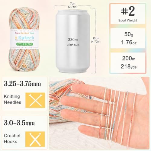 Katech 1OO% Variegated Cotton Yarn for Crocheting-2 Sport Weight Baby Yarns
