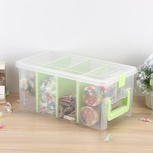 BTSKY Clear Plastic Dividing Storage Box with 4 Deep Compartment Sewing Box