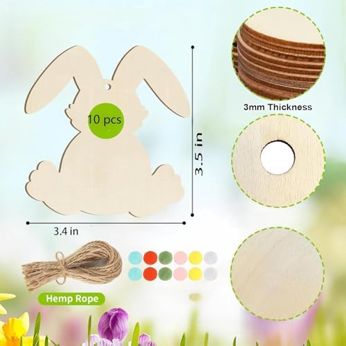 Wooden Bunny, 10pcs Wooden Easter Decorations 3.5x3.4 in Used for Painting and Decoration DIY Technology, Hanging skrnrhrery