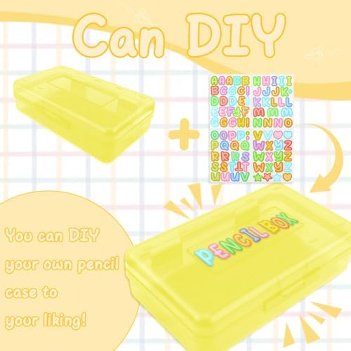 Yellow Pencil Case Box Plastic Aesthetic Hard Pencil Case with Stickers Stackable Storage Box for Girls Boys Big Capacity 1 Pack for Pens School Stylish Office Supplies Storage Organizer Boxs Medium
