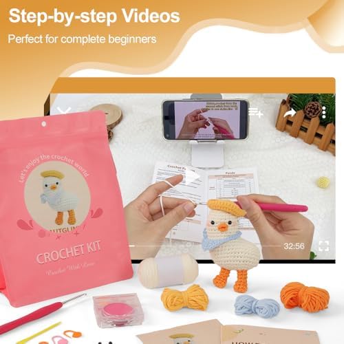 Autglint Duck Crochet Kit for Beginners Adults & Kids, Amigurumi Learn to Crochet Starter Kit with 4K Step-by-Step Video Tutorials, Includes Pre-Started Yarn, Crochet Hooks & Accessories - White Duck