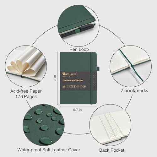 &And Per Se Dotted Notebook with Pen, 176 Numbered Dotted Pages, A5 Hardcover, Journal Stencils & Fineliner Pen for Beginners Women Men (Green)