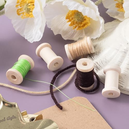 Pndeyo 25pcs Wooden Spools of Crafts, Empty Natural Wood Thread Spools, 1in Unfinished Wooden Textile Bobbin for Organizing Cord Twine Ribbon Chains Elastic Threads- Beige