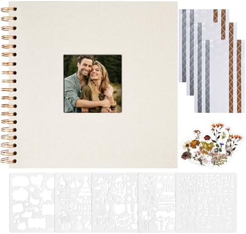 Vienrose 8x8 Inch Scrapbook DIY Small Hardcover Kraft White Pages Scrapbook Photo Album Linen Cover Scrap Book Photo Albums Scrapbooking Supplies Kit for Couple Family Wedding Travel