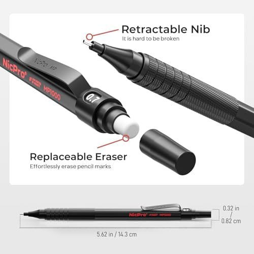 Nicpro 30PCS Black Metal Mechanical Pencil Set in Leather Case | Art Drafting Pencil 0.5-0.9 mm, 2mm Lead Pencil Holders for Sketching Drawing, 16 Tube (6B 4B 2B HB 2H 4H Colors)Lead Refills