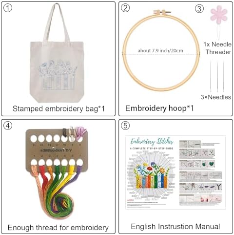 Louise Maelys Book and Flowers Embroidery Kit Canvas Tote Bag for Beginners