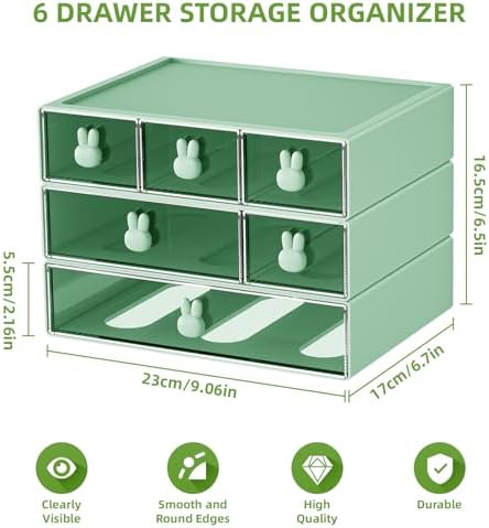 Marbrasse Desk Organizer with 6 Drawers, 3 Tier Stackable Storage Drawers Plastic Makeup Storage, Office Organizers and Storage, Desk Storage Box for Office, School, Home Green