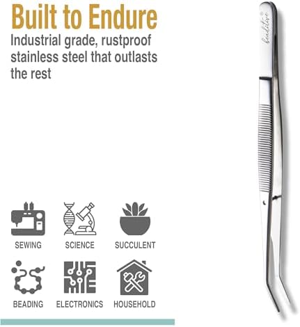 Beaditive 6-inch Sewing Machine Tweezers Set (10-PC) Serrated Bent Tips | Professional Grade, High Precision | Stainless Steel