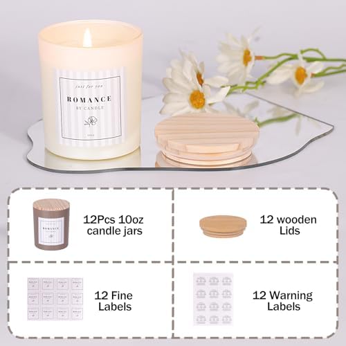 12Pcs Assorted Black Candle Jars for Making Candles, 10oz Empty Jars with Bamboo Lids and Labels, Glass Candle Jars for Candle Making Supplies, Candle Containers for DIY Gifts