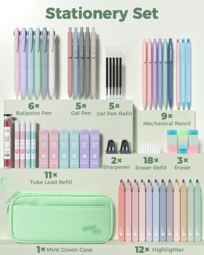 Four Candies 56 PCS Aesthetic School Supplies with Pencil Case (Mint Green)