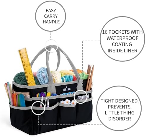 JJRING 600D Nylon Craft & Art Organizer Tote Bag With Pockets, Silver