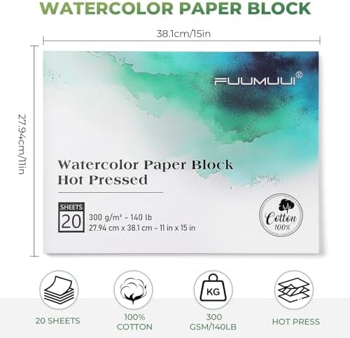 Fuumuui Watercolor Paper Block 11x15 Inch, Smooth Surface 100% Cotton Watercolor Paper, 20 Sheets, 140lb/300gsm, Hot Press, Acid-Free, Art Paper for Painting & Drawing, Wet, Mixed Media
