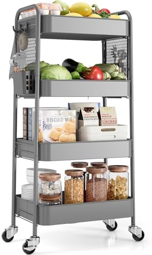 TOOLF 4 Tier Rolling Cart, Metal Utility Storage Cart with Pegboard, Grey | 2 Bins & 4 Hooks, Screwless Assembly, Lockable Wheels, Trolley Organizer for Bathroom, Kitchen, Office, Dorm, Craft Room